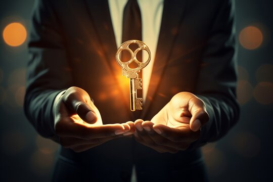 Businessman holding key model. Key of Success business concept. Close up image of business person holding shining key. Generative AI.