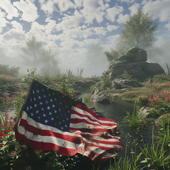 An American flag laying on a rocky hillside, symbolizing patriotism and remembrance on Memorial Day.