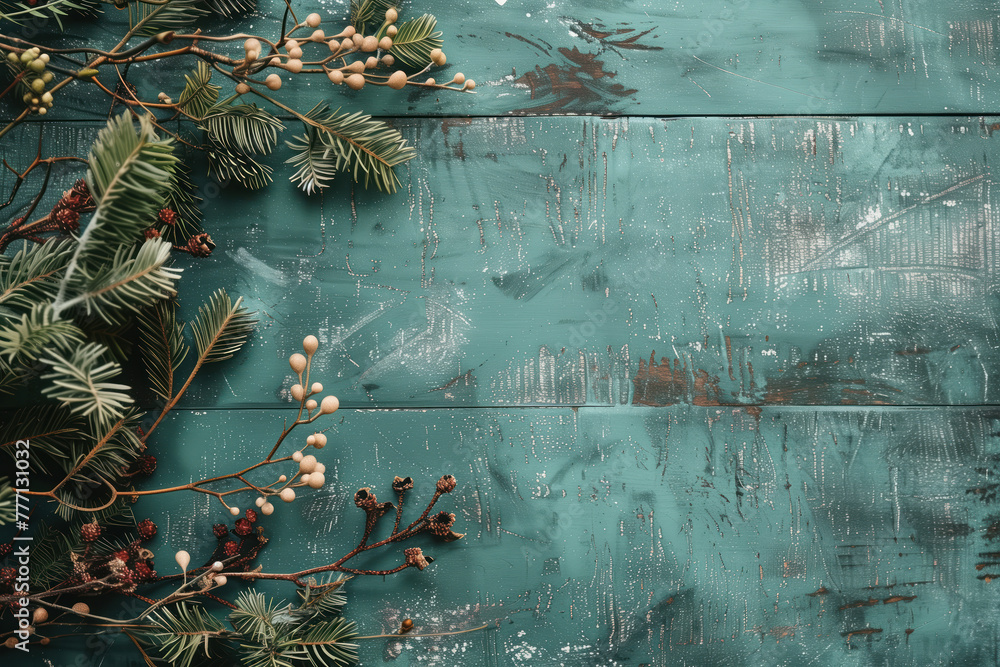 Poster beautiful framing of leaves and flowers on a wooden background with space for text. background image