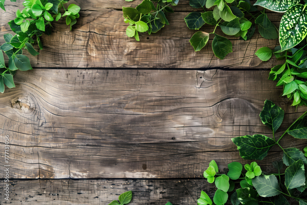 Poster beautiful framing of leaves and flowers on a wooden background with space for text. background image