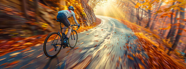 Cyclist in nature, active lifestyle and outdoor biking adventure at sunset
