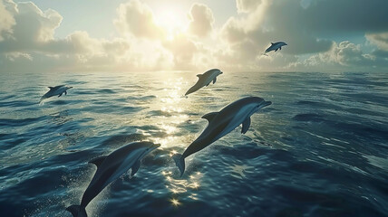 Mesmerizing ultra 4k, 8k photo of a pod of dolphins leaping gracefully out of the crystal-clear waters of the ocean, their sleek bodies glistening in the sunlight, - obrazy, fototapety, plakaty