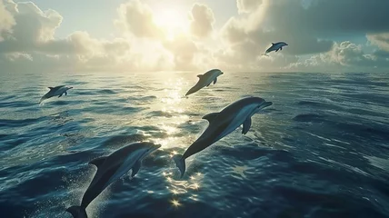 Foto op Canvas Mesmerizing ultra 4k, 8k photo of a pod of dolphins leaping gracefully out of the crystal-clear waters of the ocean, their sleek bodies glistening in the sunlight, © CREATER CENTER