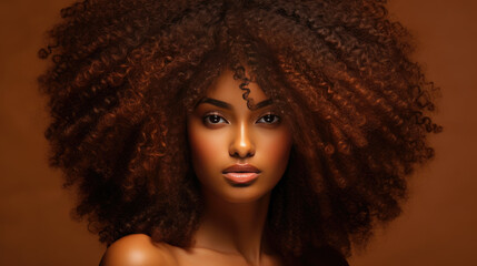 African beautiful woman portrait. Brunette curly haired young model with dark skin