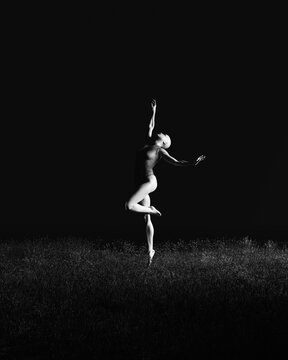 Woman ballerina dancer jump tall haunting paranormal black and white meadow aesthetic 3d illustration render digital rendering