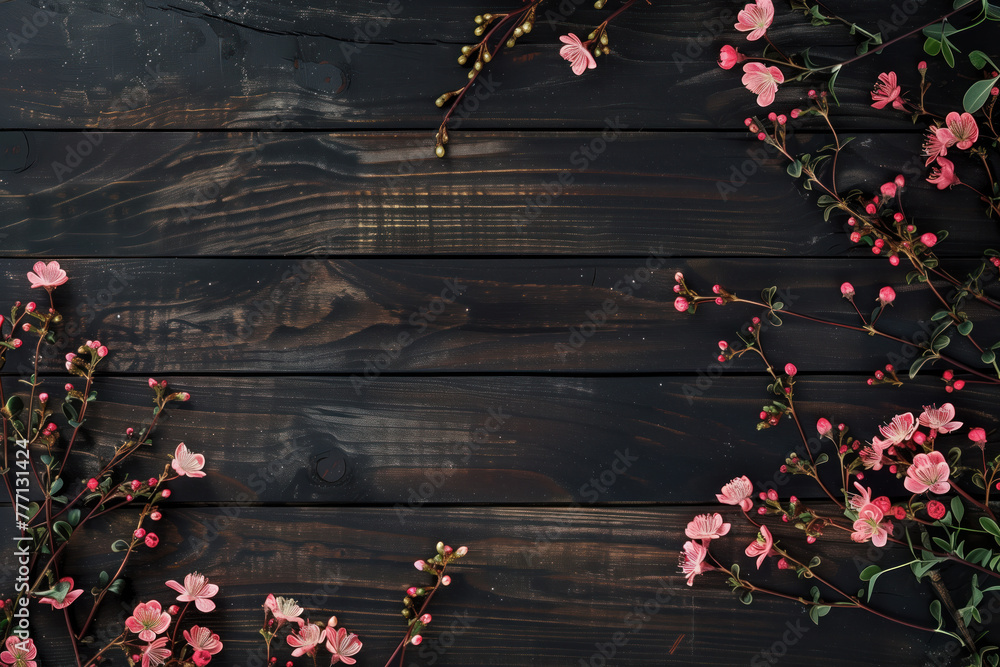 Poster beautiful framing of leaves and flowers on a wooden background with space for text. background image