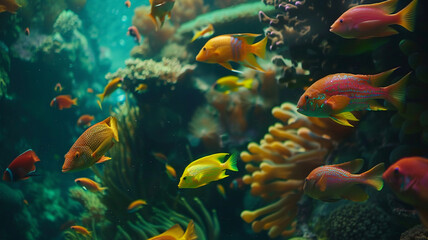 Mesmerizing ultra 4k, 8k photo of a colorful school of tropical fish swimming among vibrant coral...