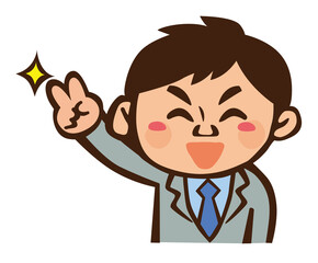 スーツを着たピースサインをする男性の上半身キャラクターイラスト