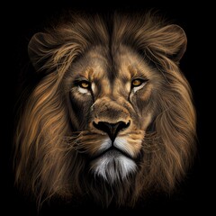 Majestic lion head with piercing eyes, set against a velvety black background.