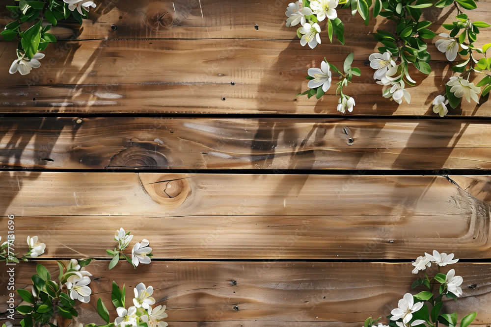Poster beautiful framing of leaves and flowers on a wooden background with space for text. background image