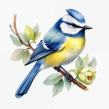 recommend clip art: Blue tit bird. Eurasian blue tit clipart. Watercolor illustration. Generative AI. Detailed illustration.