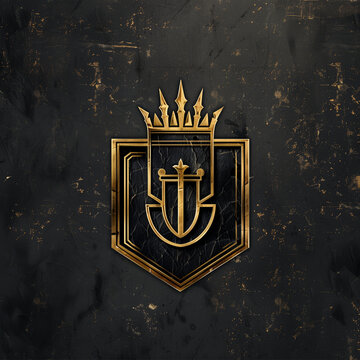 Luxurious Gold and Black Shield with Crown Emblem, Textured Background