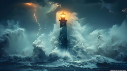 Fototapeta na wymiar Landscape with a lighthouse illuminating the sea from the coast one night during a very violent storm