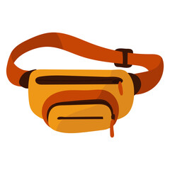 The waist bag is flat for travel. A zippered carrying case. Nylon waist bag, vintage waist bag with zipper pockets, flat vector illustration. The textile waist bag is insulated
