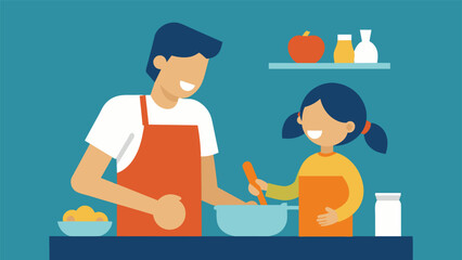 An artwork depicting a parent and child cooking together in the kitchen emphasizing the value of shared activities in promoting positive