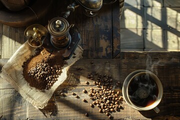  morning ritual with a vintage grinder, fresh coffee beans, and an antique cup under warm sunlight