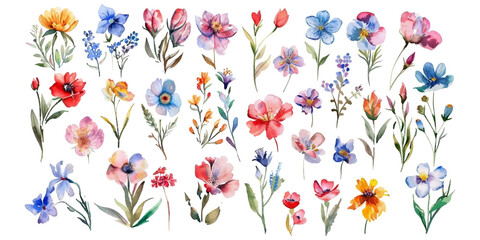 Set of watercolor flowers on a white background.