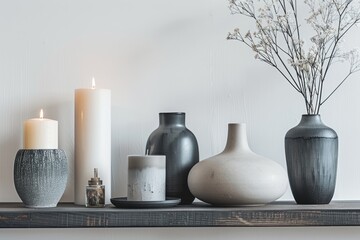 Fototapeta na wymiar Modern Elegance, Chic Vase and Candle Ensemble on Shelf