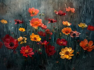 Rainy Garden A Vibrant Flower Field in the Rain Generative AI