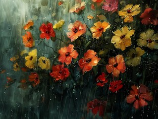 Rainy Day Blossoms A Vivid Artwork Generative AI