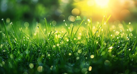Naklejka premium Dewy Dawn A Close-up of Morning Dew on Freshly Cut Grass Generative AI