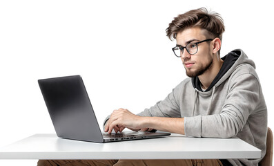 Successful caucasian young man student freelancer using laptop