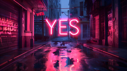 暗い街の裏路地に、YESと書かれている大きなネオンが有る画像