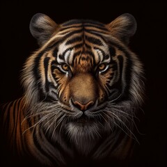 Fierce tiger head, its striped fur illuminated in sharp detail against a solid black background.