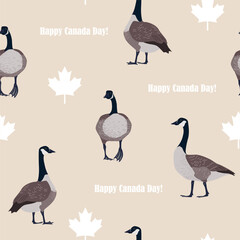 White maple leaves and Canadian geese on beige background. Canada Day seamless pattern, vector illustration.
