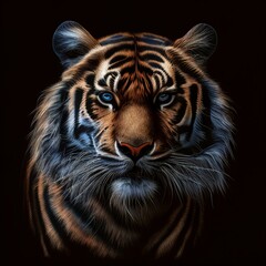 Fierce tiger head, its striped fur illuminated in sharp detail against a solid black background.