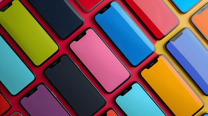 赤い背景へスマートフォンが複数均等に並べられいてる