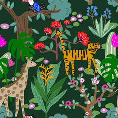Seamless amazon forest pattern with trees Various flowers, including toucans, giraffes and tigers, are used for wallpaper, textiles and prints.