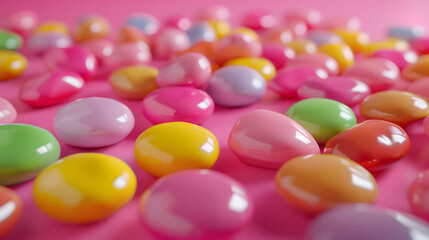 カラフルなチョコの菓子がピンク色の背景に沢山置いてある