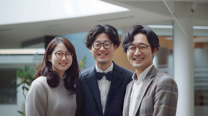 メガネを掛けたアジア人男女が笑顔で写る