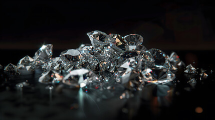 黒い背景へカットされたダイヤモンドが沢山ある
