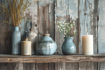 Fototapeta na wymiar Rustic Vases and Candle on Weathered Wooden Shelf