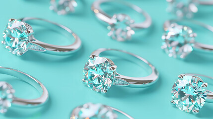 緑色の背景へダイヤモンドリングを複数並べたパターン