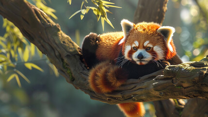 Adorable red panda perched on a tree branch.