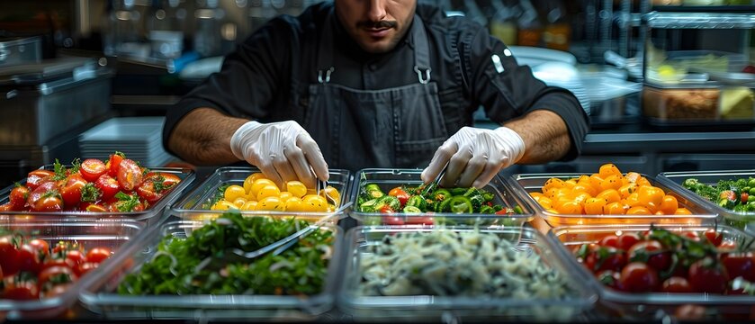 Worker in a halal hotel buffet kitchen wearing gloves prepares salads in containers. Concept Halal Food Preparation, Hotel Buffet Kitchen, Salad Making, Food Safety, Gloved Worker