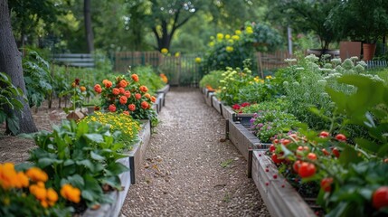 Fototapeta na wymiar A peaceful trail winds its way through a communal garden, surrounded by colorful flower beds filled with cheery marigolds and various other blooms.