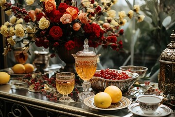 A table is set with a variety of fruit, including oranges and apples, and a vase of flowers.
