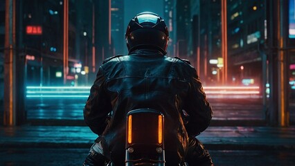 A man biker riding a motorcycle through the night city megapolis wearing a helmet. Dark futuristic cyberpunk art. Neon lights retrofuturism sci-fi photography illustration concept.