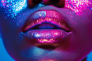 Vibrant glitter lips under colorful lighting. Generative AI image