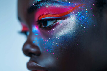 Cosmic-inspired makeup on a black woman's face. Generative AI image