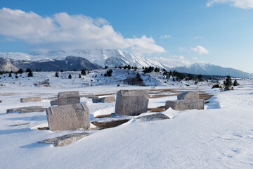 Stecci Medieval Tombstones Graveyards Dugo Polje in Blidinje, BiH. Unesco site. Historic place of...