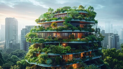 A contemporary, multi-story architectural masterpiece graces the urban landscape, embellished with abundant greenery on each level, forging a harmonious blend of nature and cityscape - obrazy, fototapety, plakaty
