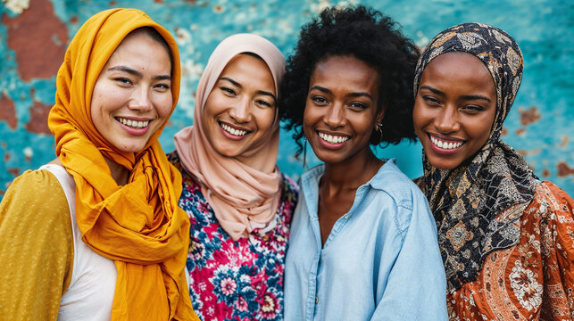 Diverse group of smiling multiethnic women in colorful attire. Generative AI image