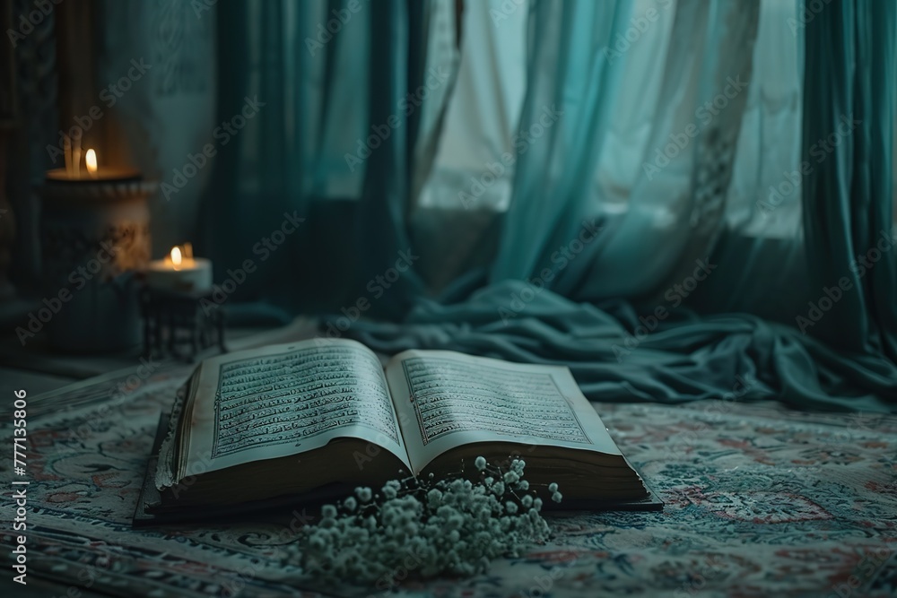 Poster a book is open on a rug with candles in the background