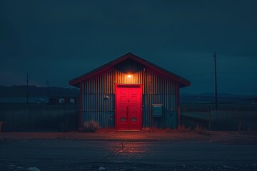 A red door on a blue building. The building is in a rural area - Powered by Adobe