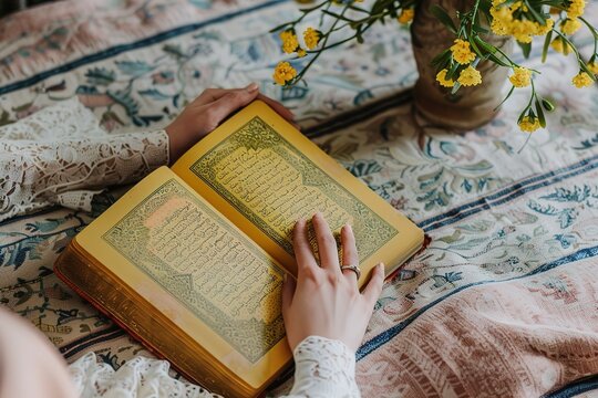 A woman is reading a quran book with her hand on the page. The book is open to a page with a yellow flower on it. The woman is wearing a white shirt and a ring on her finger